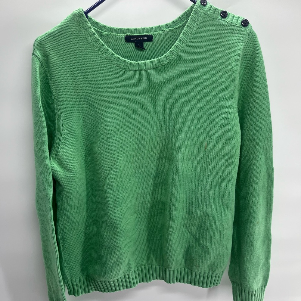 Lands' End Vibrant Green Crew Neck Sweater with Button Accents